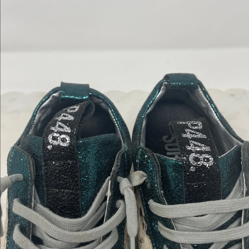 P448 Metallic Teal Snakeskin Accent Lace Sneakers Size 6